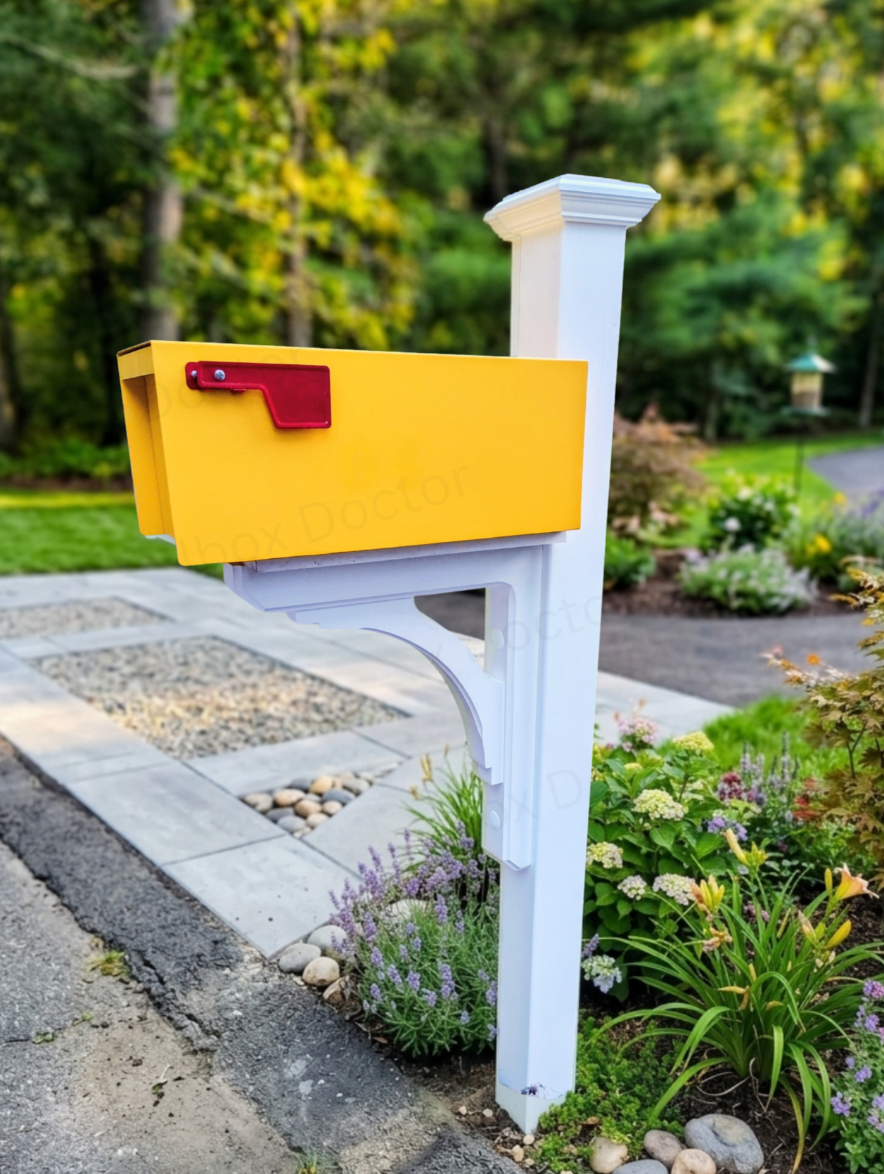 Yellow mailbox on white post