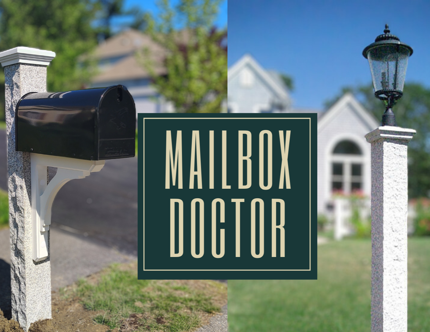 Split image of a mailbox and house on the left and a lamp post and house on the right, with a sign in the center that reads 'Mailbox Doctor'.