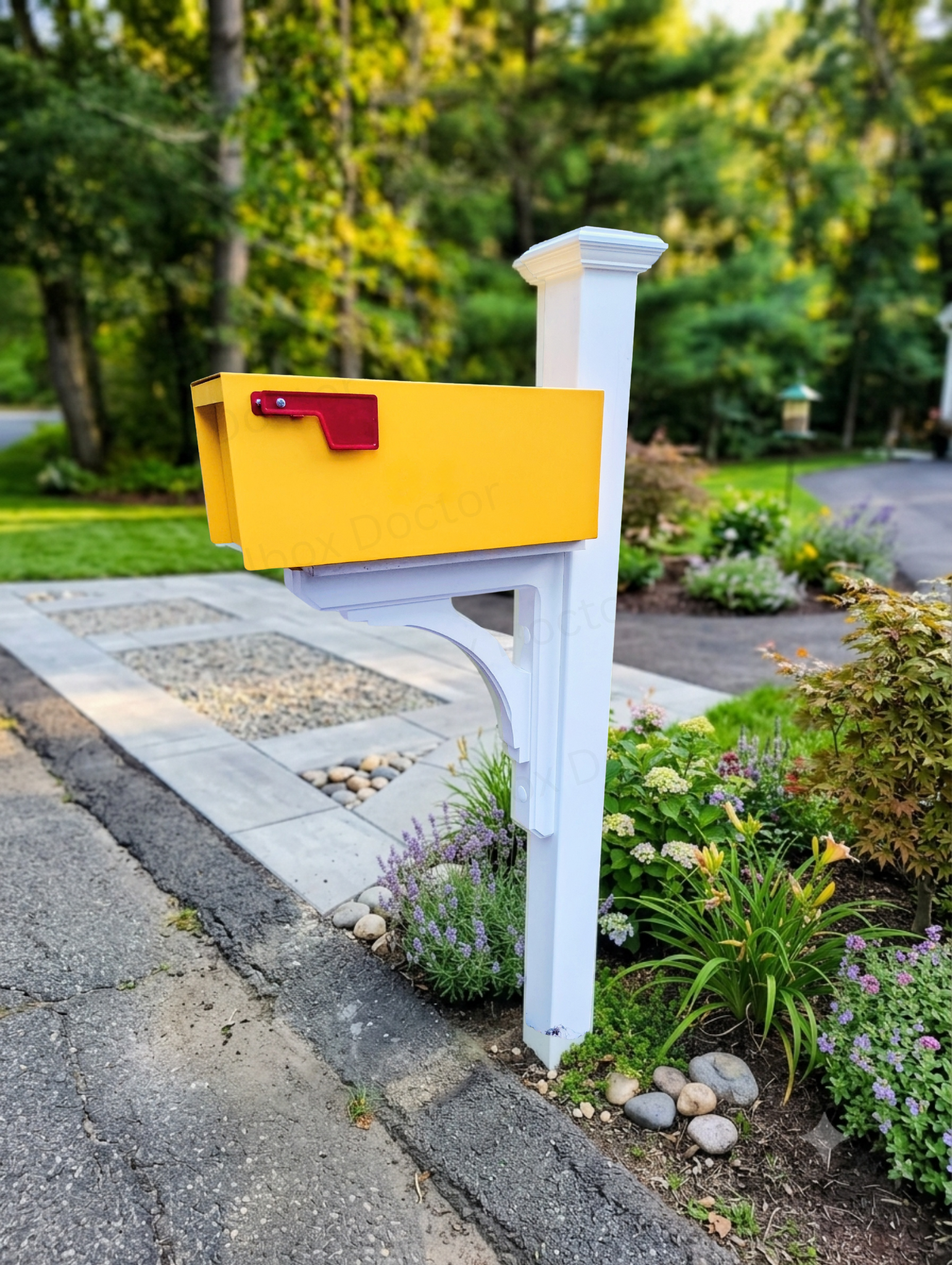 A yellow mailbox on a white post, located in a suburban neighborhood with a landscaped garden, trees, and a sidewalk.