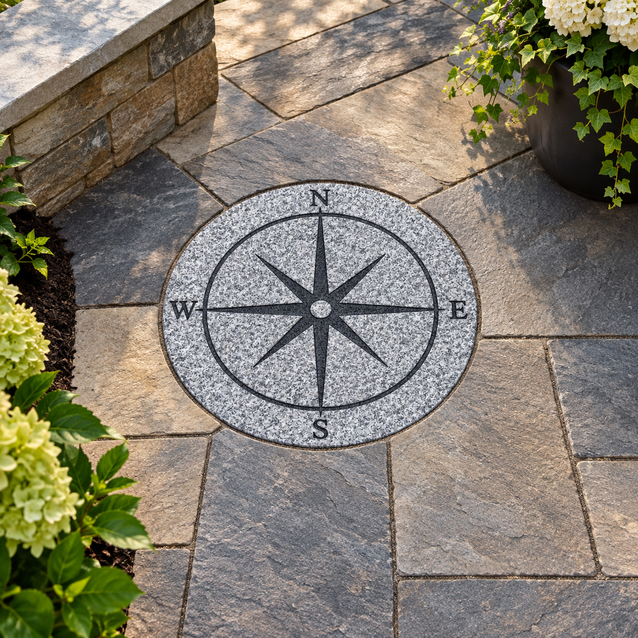 Decorative compass rose embedded in a stone patio surrounded by potted plants and flowering bushes.