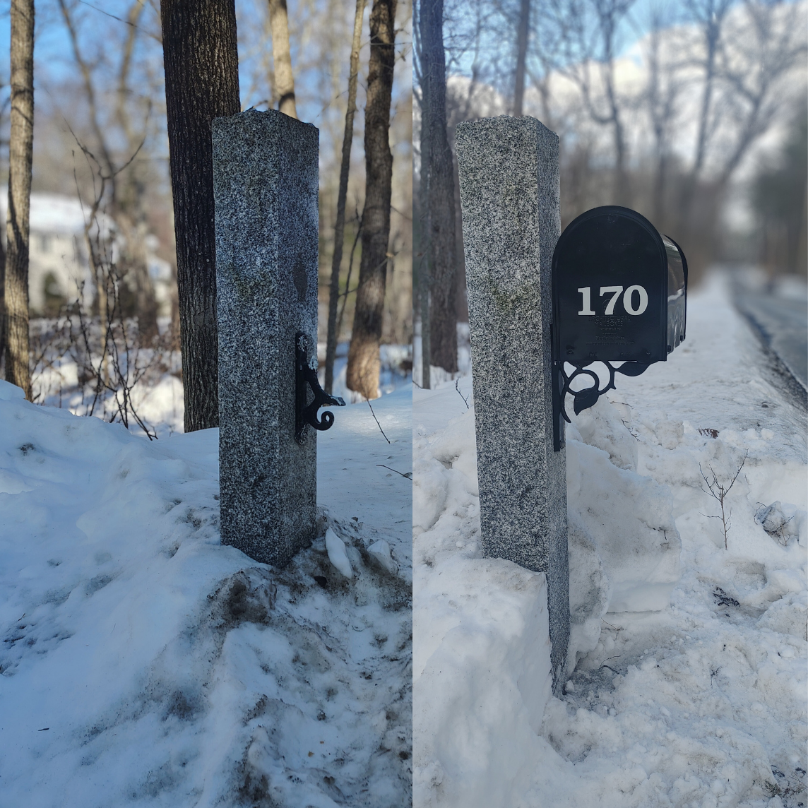 granite mailbox post repair. new black aluminum bracket and black mailbox on a granite mailbox post