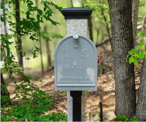 Old gray mailbox mounted on a post among green trees and bushes.
