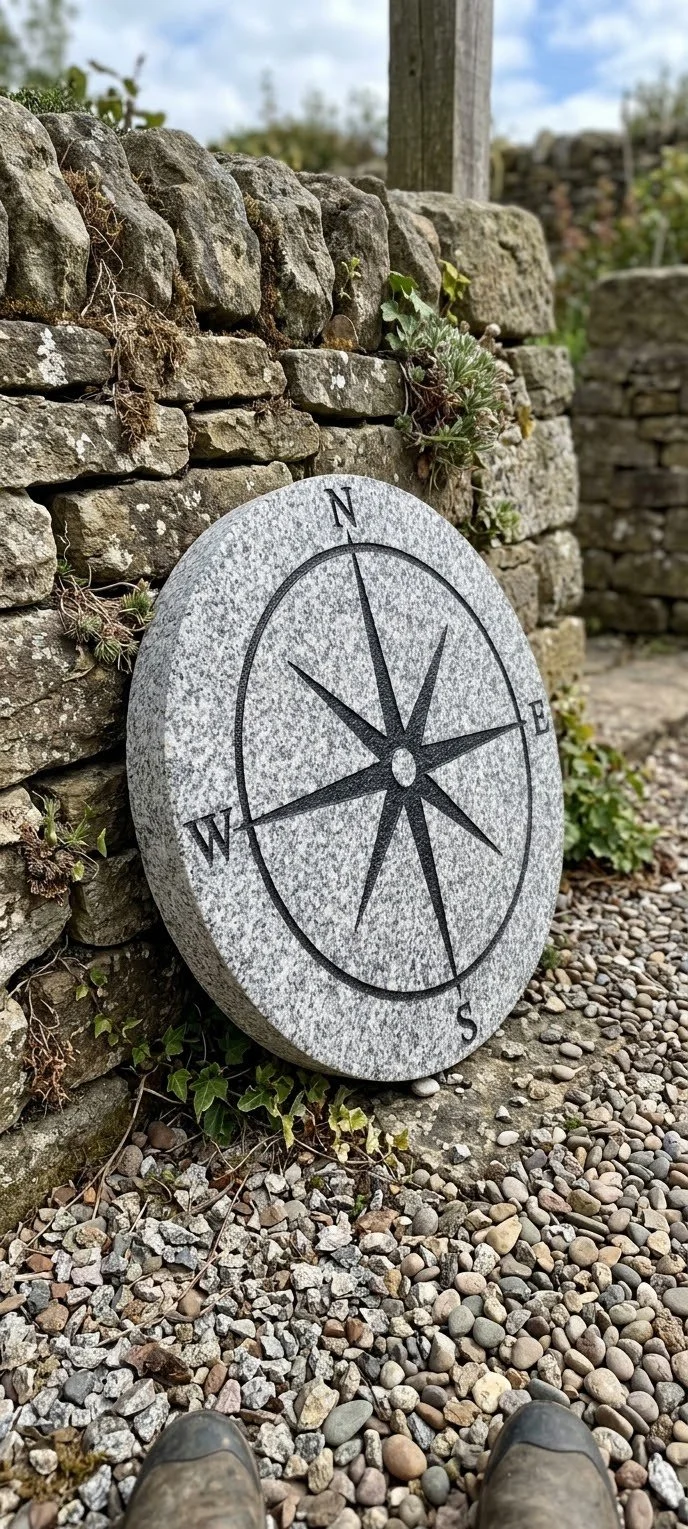 A stone garden decoration shaped like a compass rose, leaning against a stone wall with small plants and gravel nearby.