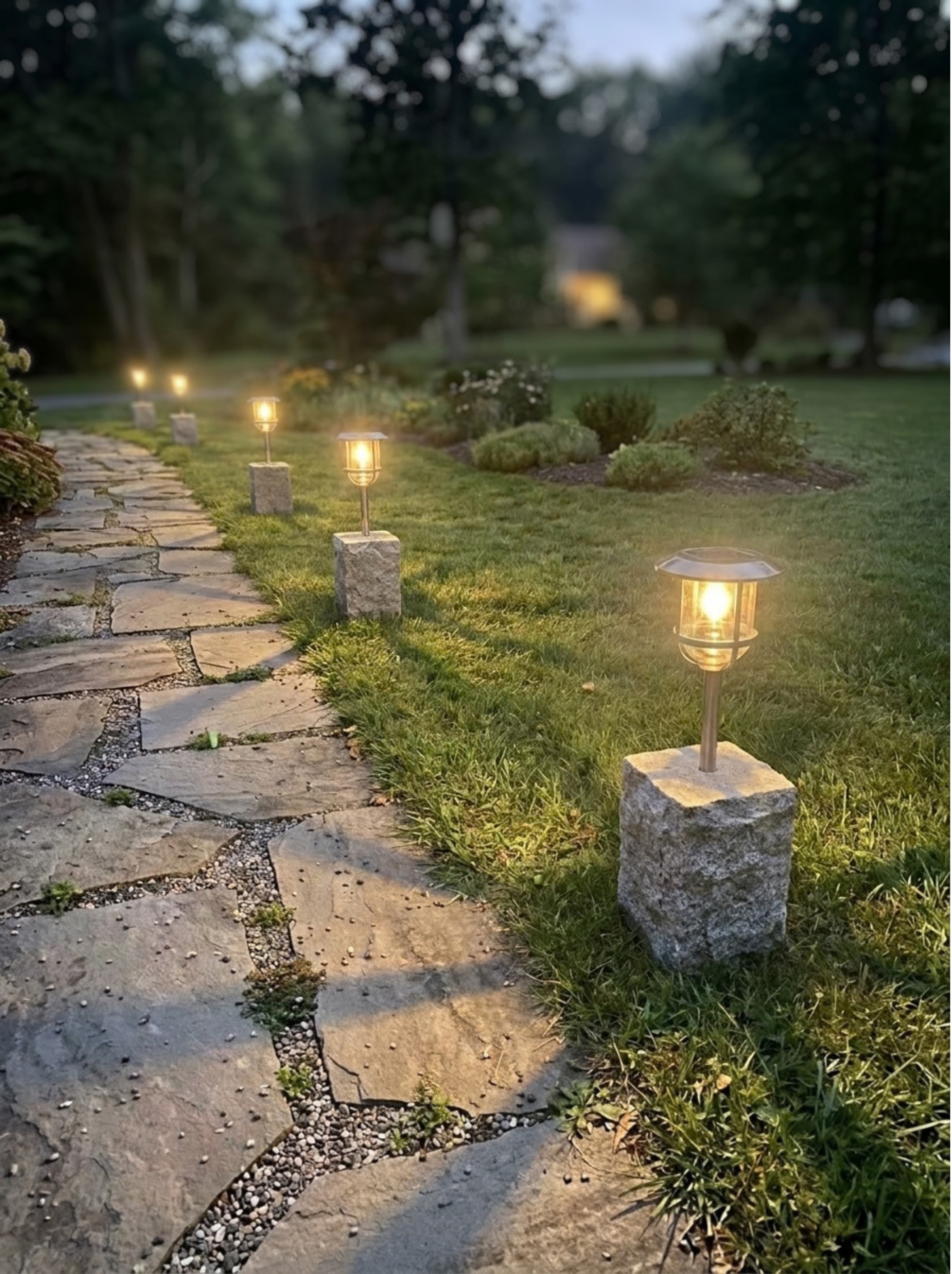 A stone pathway lit by small outdoor lamps, surrounded by grass and garden plants, in a backyard at dusk.