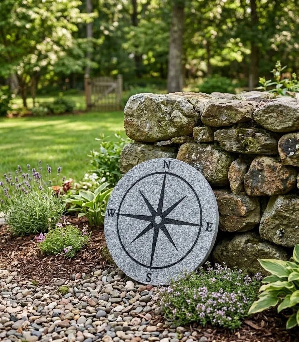 A decorative stone with a compass design resting on gravel near a stacked stone wall in a garden.