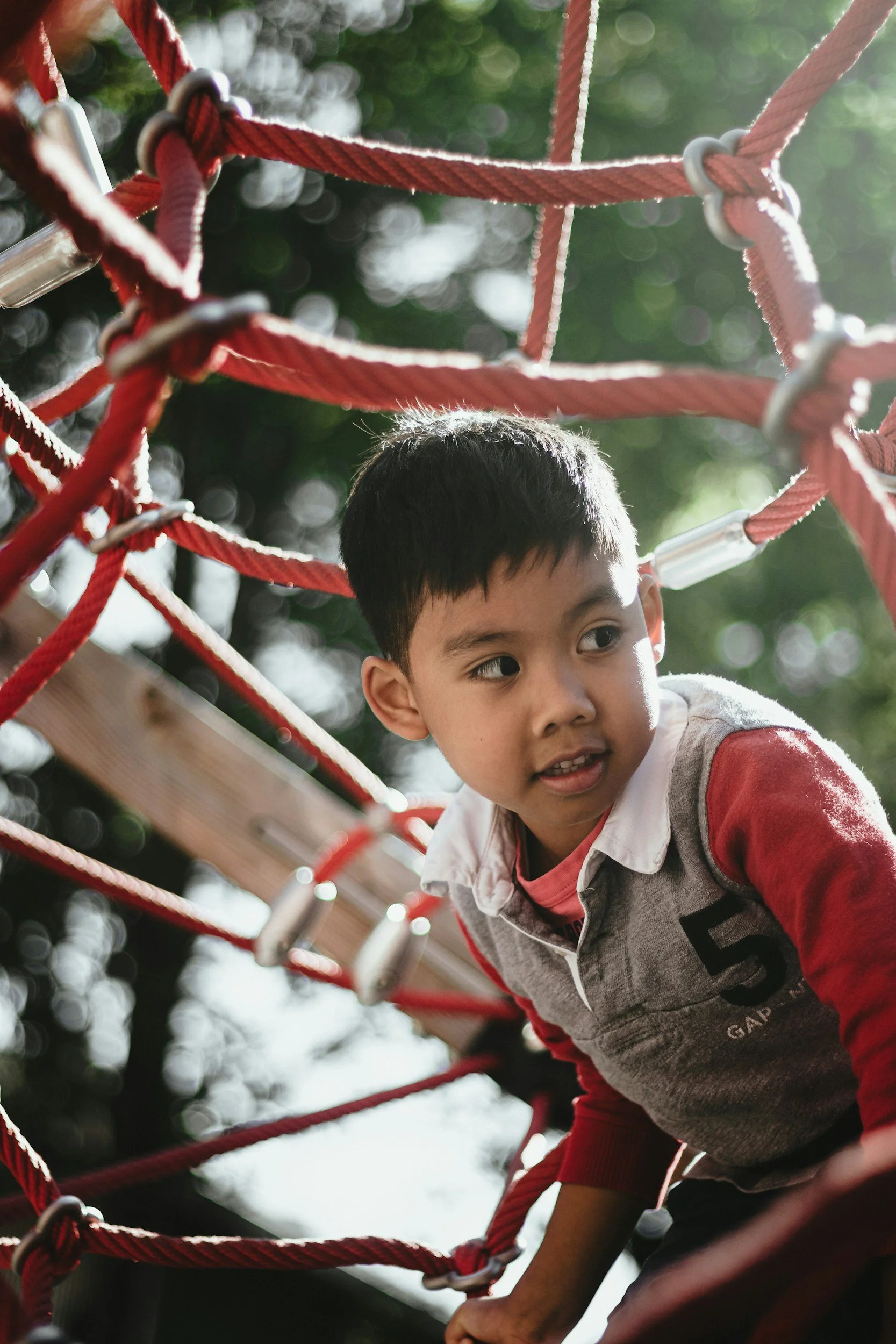A young boy climbing on a red rope net structure at a playground outdoors, with trees and sunlight in the background.