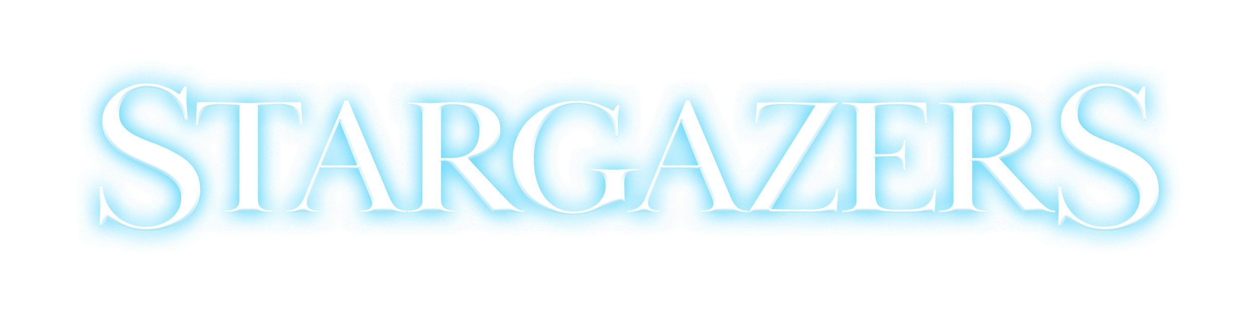 Neon sign that says 'Stargazers' in white capital letters on a light blue background.