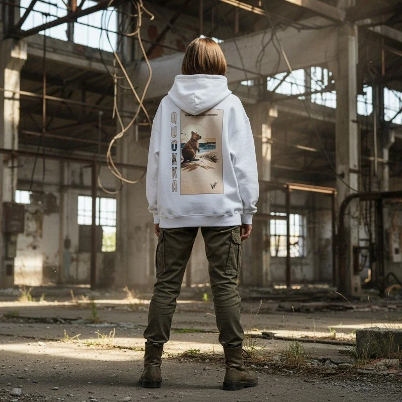 Person wearing white hoodie with quokka illustration inspired by Rottnest Island wildlife in Western Australia.