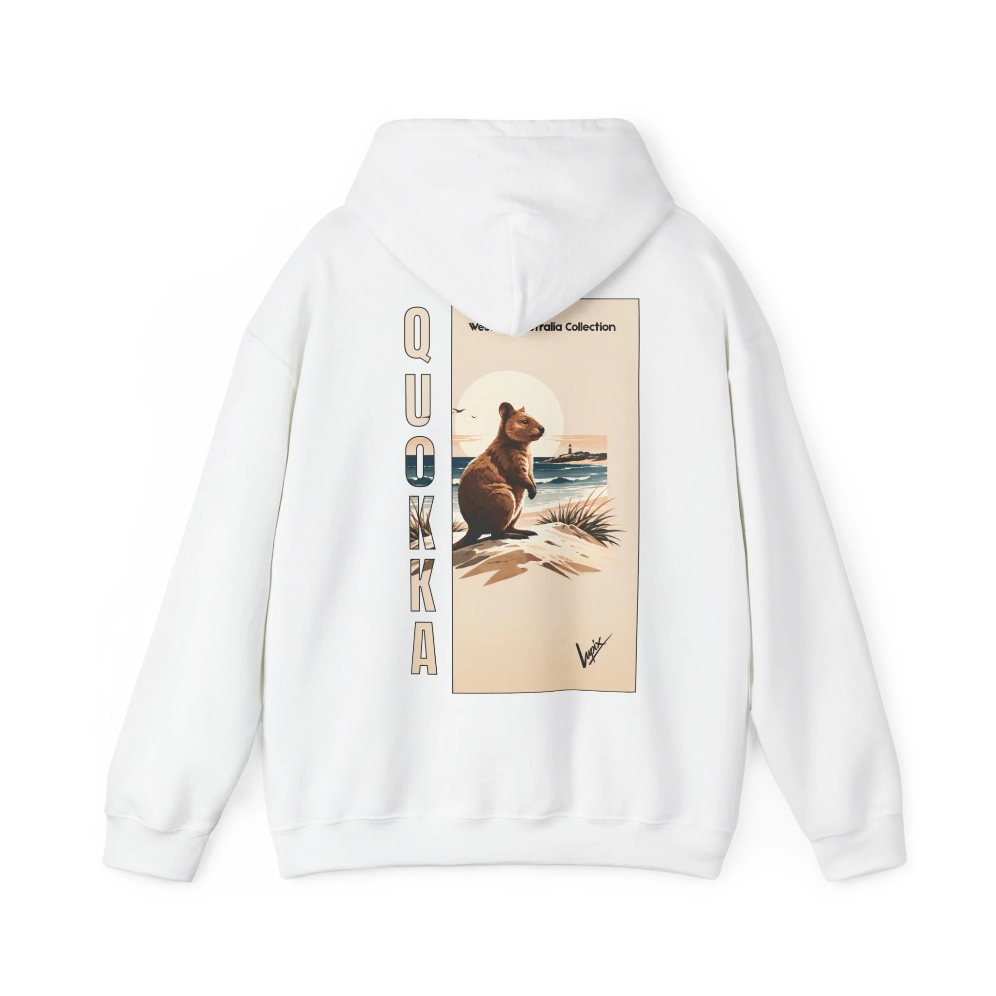 White hoodie featuring Rottnest Island quokka design inspired by Western Australia wildlife