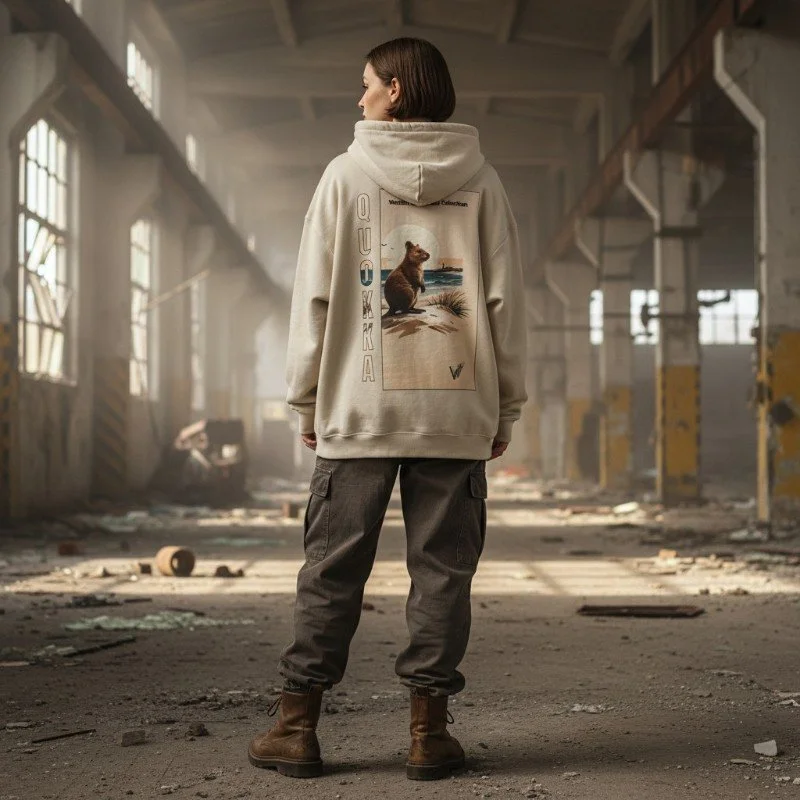 Person wearing sand hoodie with quokka illustration inspired by Rottnest Island wildlife in Western Australia.