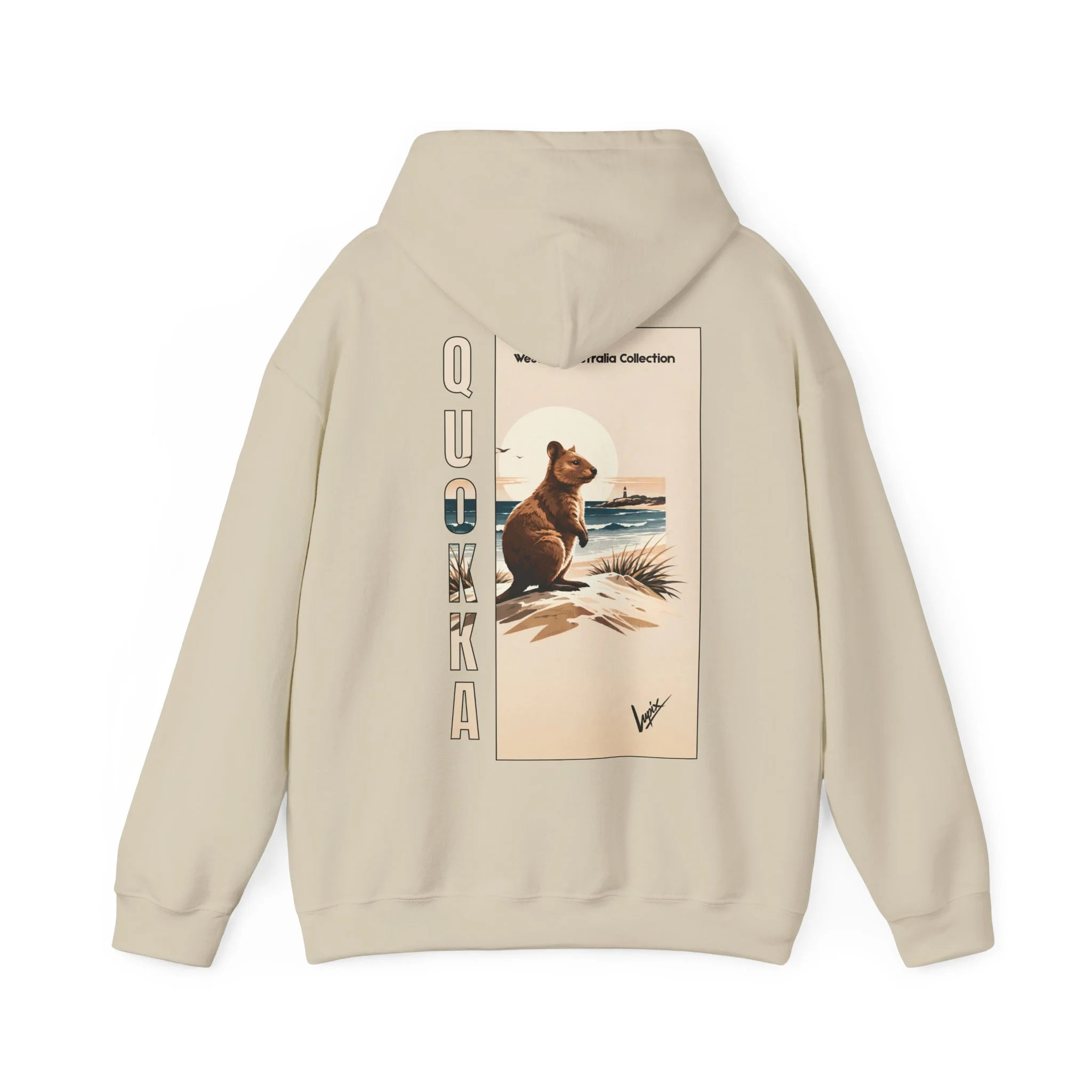 Sand hoodie featuring Rottnest Island quokka design inspired by Western Australia wildlife