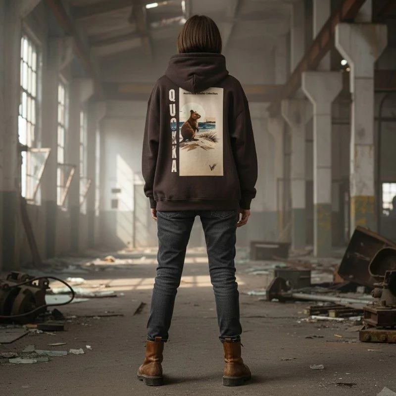 Person wearing dark brown hoodie with quokka illustration inspired by Rottnest Island wildlife in Western Australia.