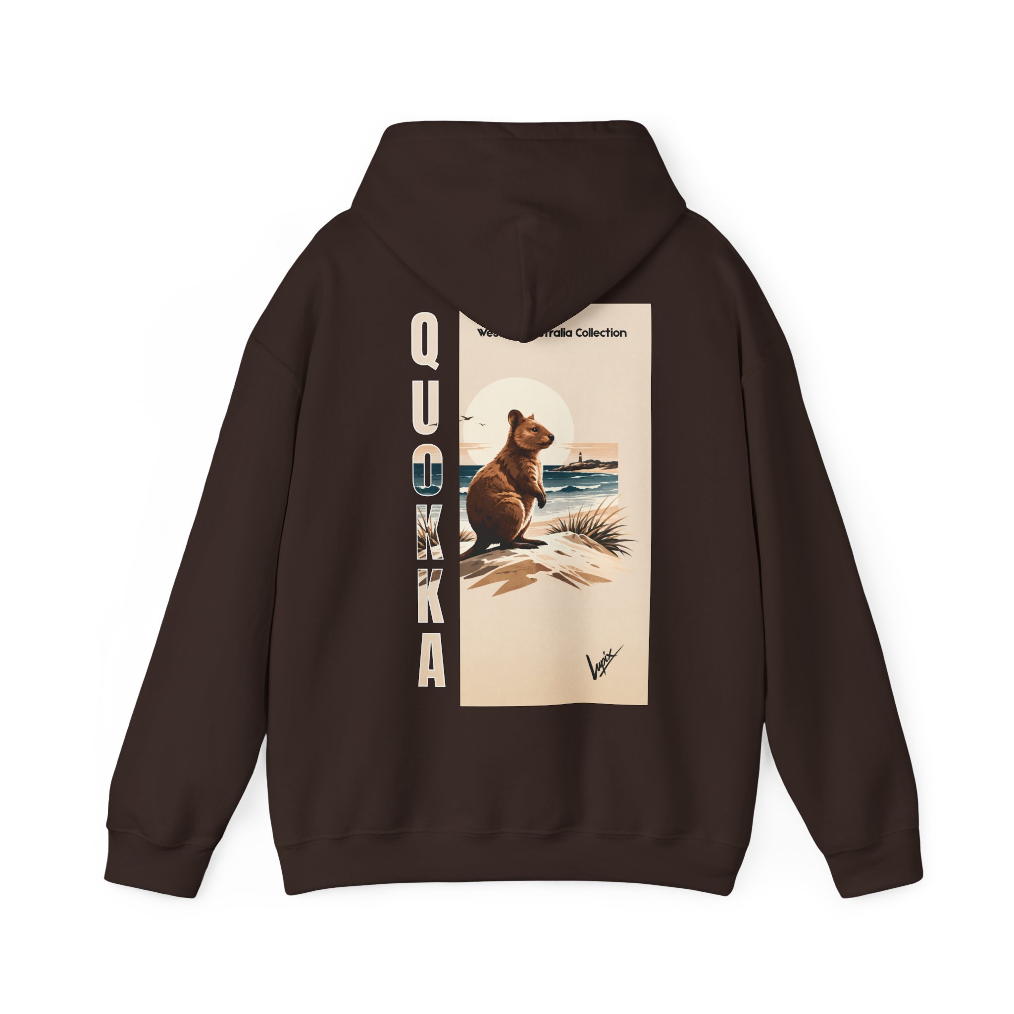 Dark brown hoodie featuring Rottnest Island quokka design inspired by Western Australia wildlife