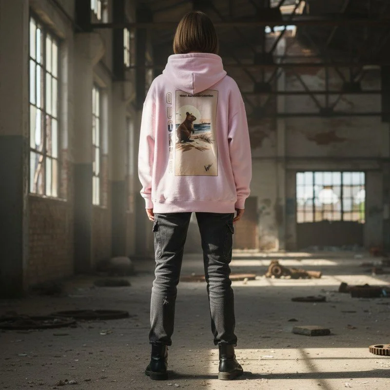 Person wearing light pink hoodie with quokka illustration inspired by Rottnest Island wildlife in Western Australia.