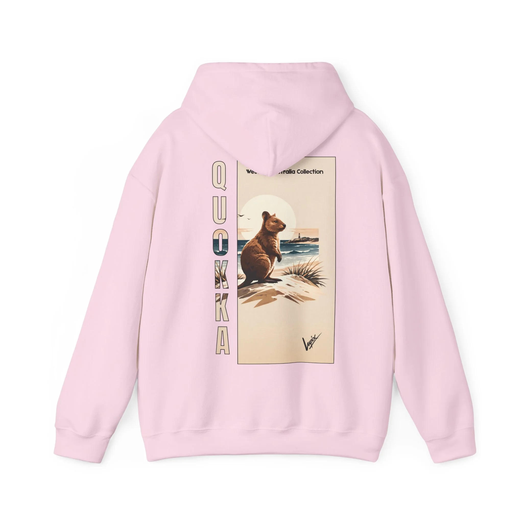 Light pink hoodie featuring Rottnest Island quokka design inspired by Western Australia wildlife
