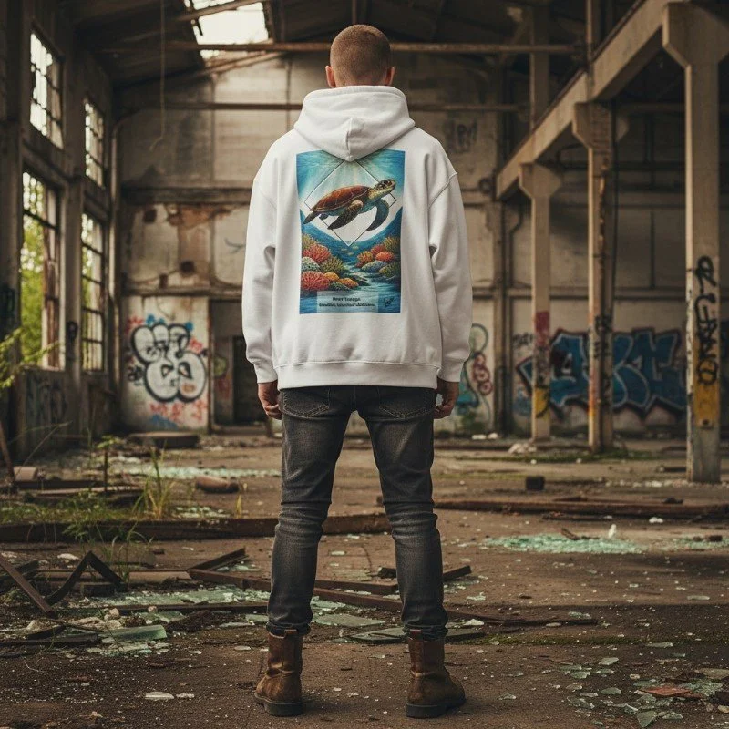 Man wearing white hoodie with sea turtle and coral reef illustration inspired by Western Australia marine life.