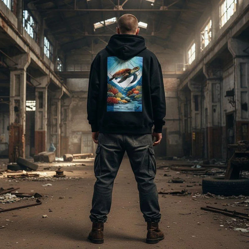 Man wearing black hoodie with sea turtle and coral reef illustration inspired by Western Australia marine life.