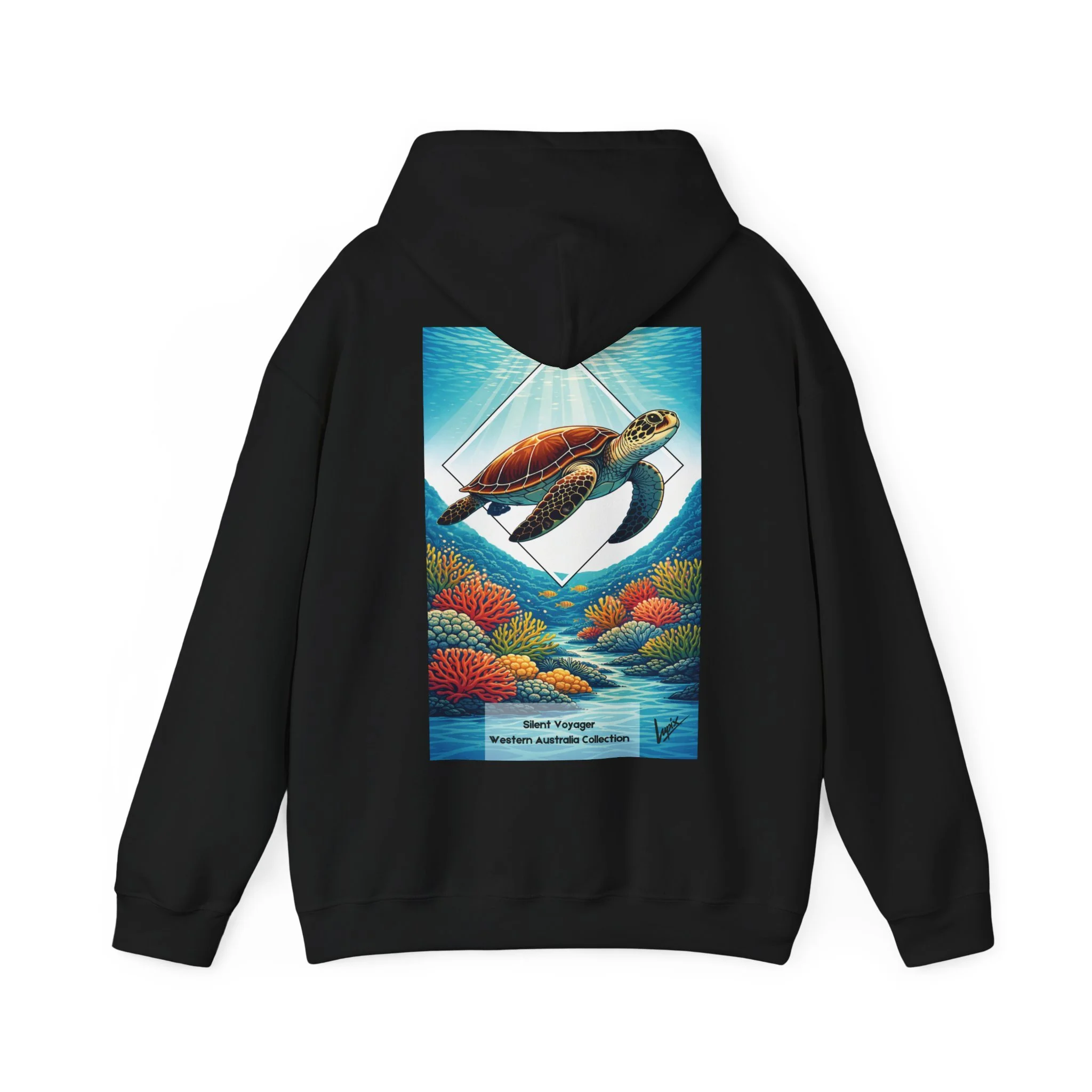 Black hoodie with sea turtle and coral reef illustration inspired by Western Australia marine life.
