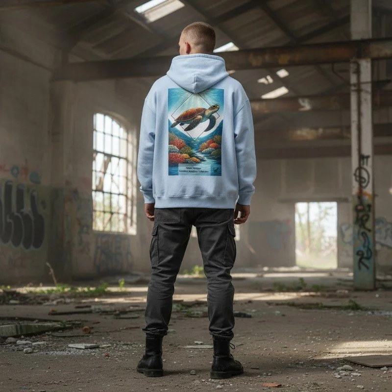 Man wearing light Blue hoodie with sea turtle and coral reef illustration inspired by Western Australia marine life.
