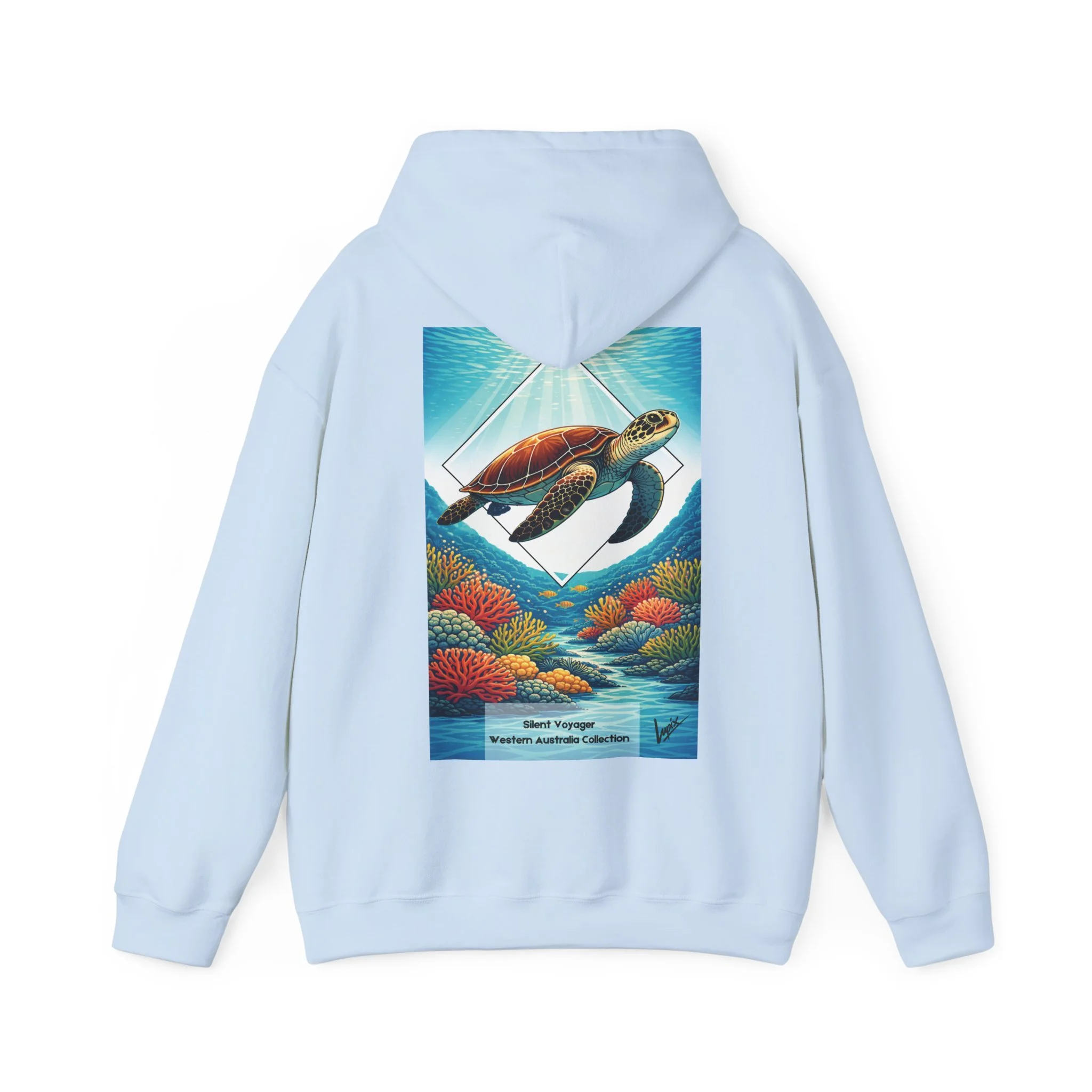Light Blue hoodie with sea turtle and coral reef illustration inspired by Western Australia marine life.