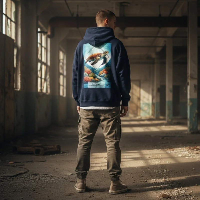 Man wearing navy hoodie with sea turtle and coral reef illustration inspired by Western Australia marine life.