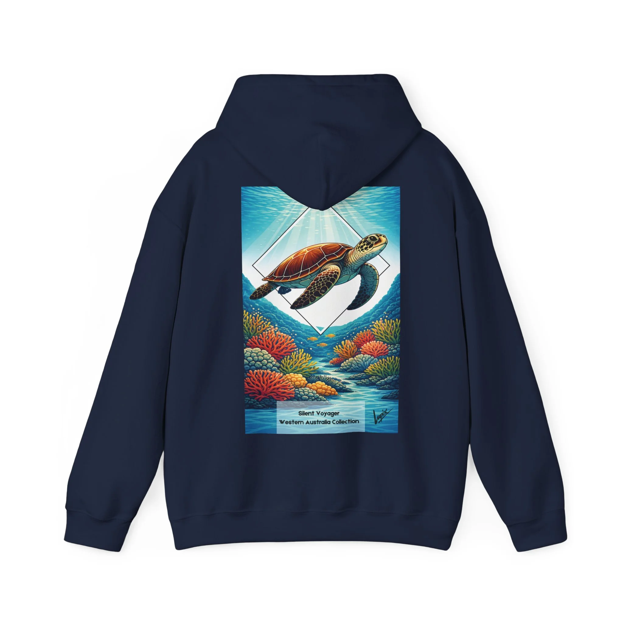 Navy hoodie with sea turtle and coral reef illustration inspired by Western Australia marine life.