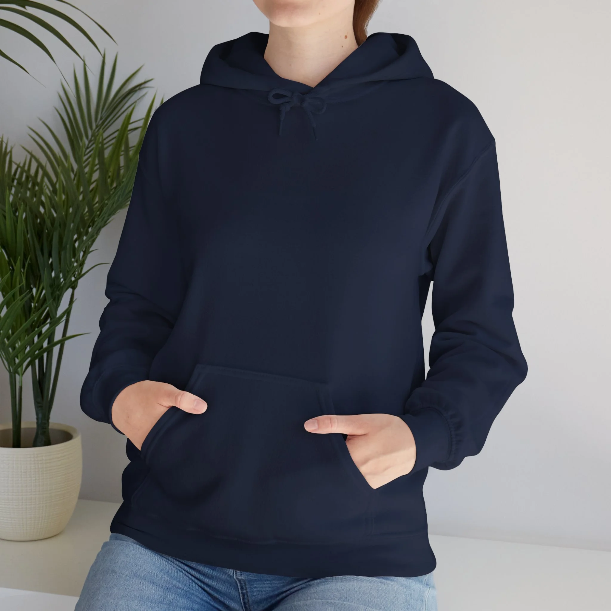 Front view of navy hoodie with kangaroo pocket from Western Australia inspired clothing collection.