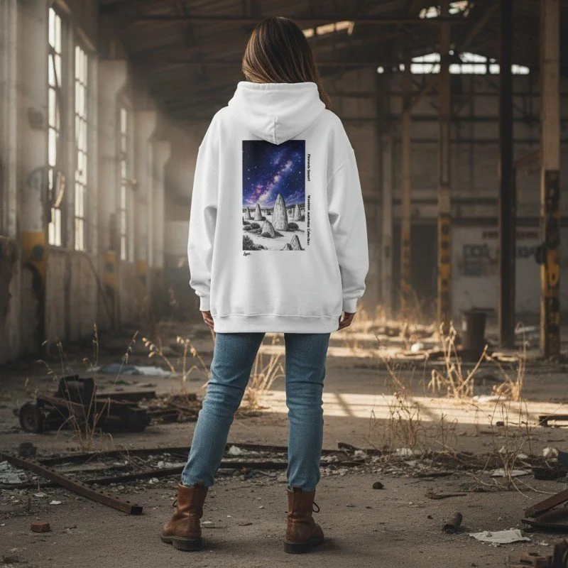 Person wearing white hoodie with Pinnacles Desert and Milky Way illustration inspired by Western Australia.
