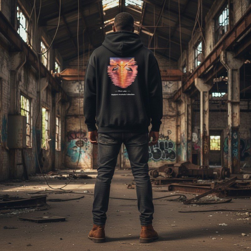 Person wearing black hoodie with pink lake and pelicans sunset design inspired by Western Australia.