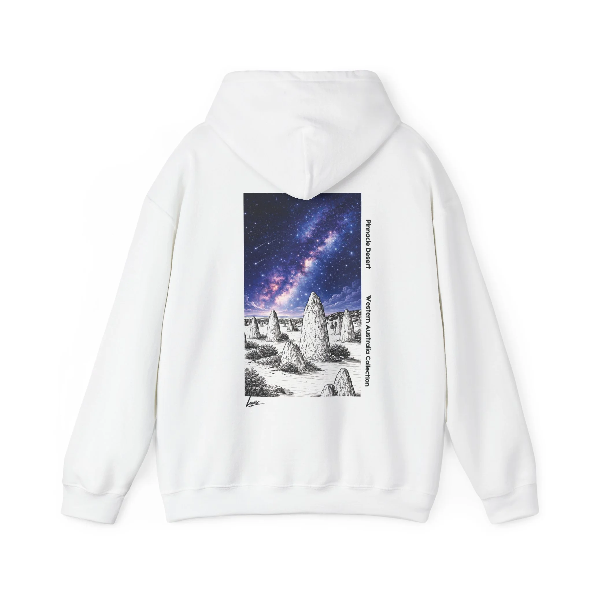 White hoodie featuring Pinnacles Desert night sky design inspired by Western Australia landscape.