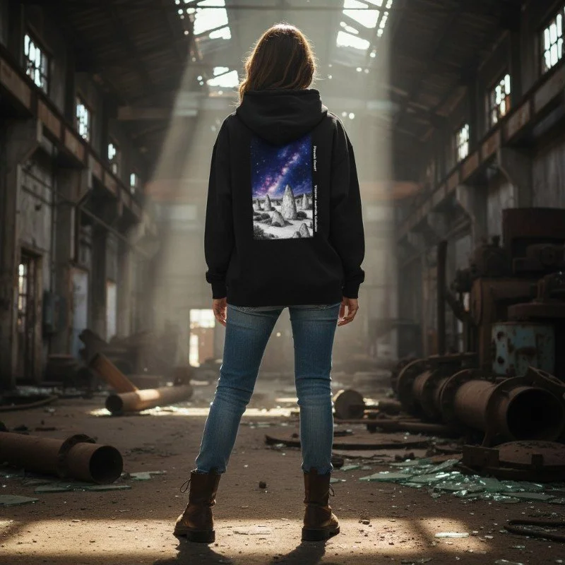 Person wearing black hoodie with Pinnacles Desert and Milky Way illustration inspired by Western Australia.