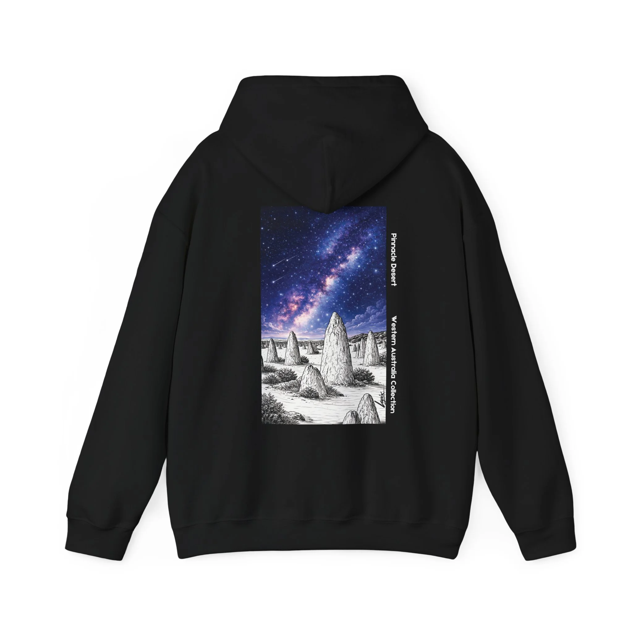 Black hoodie featuring Pinnacles Desert night sky design inspired by Western Australia landscape.