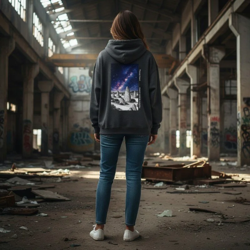 Person wearing dark grey hoodie with Pinnacles Desert and Milky Way illustration inspired by Western Australia.