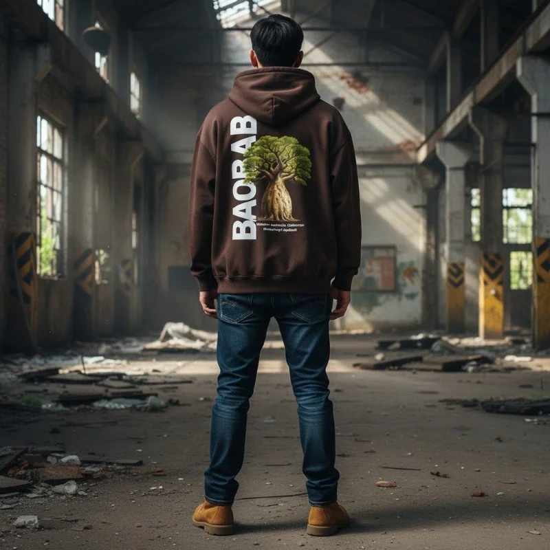 Person wearing brown hoodie with Kimberley baobab tree design inspired by Western Australia nature.