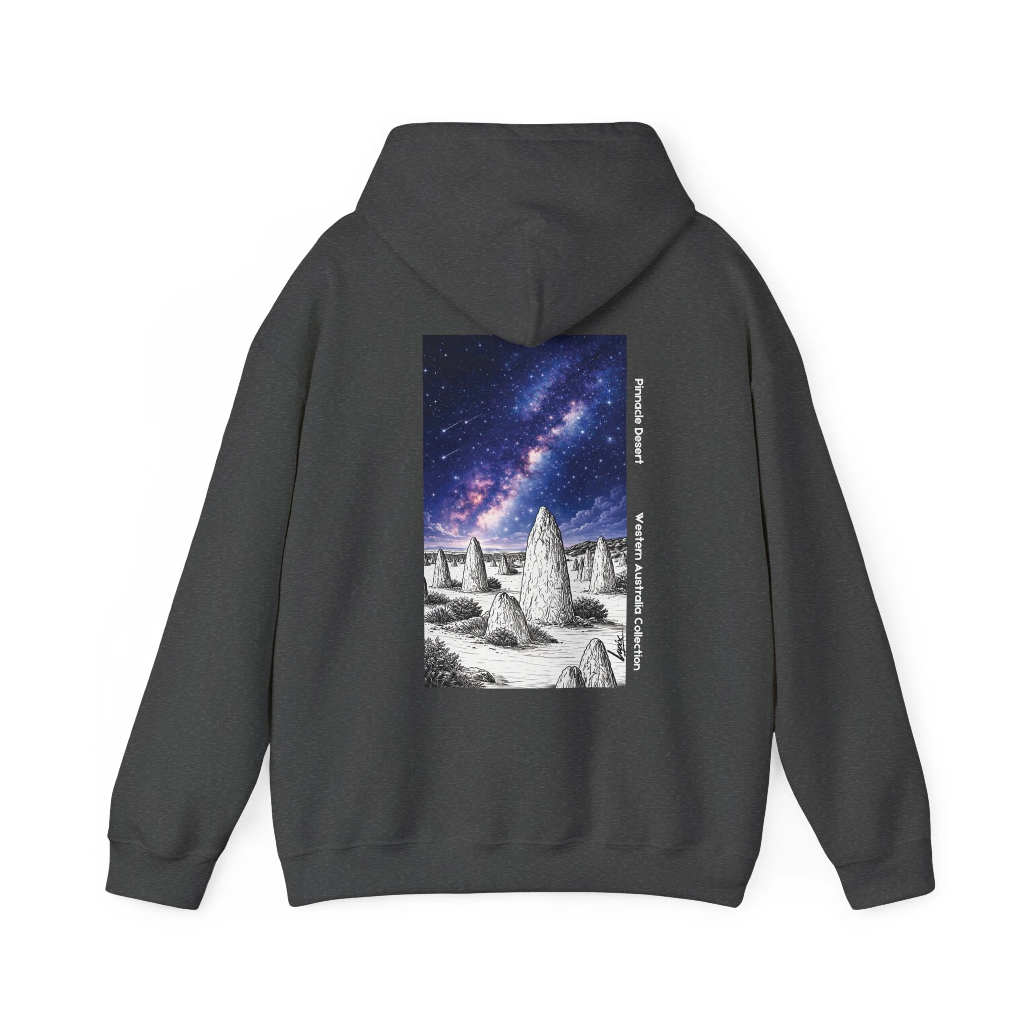 Dark grey hoodie featuring Pinnacles Desert night sky design inspired by Western Australia landscape.