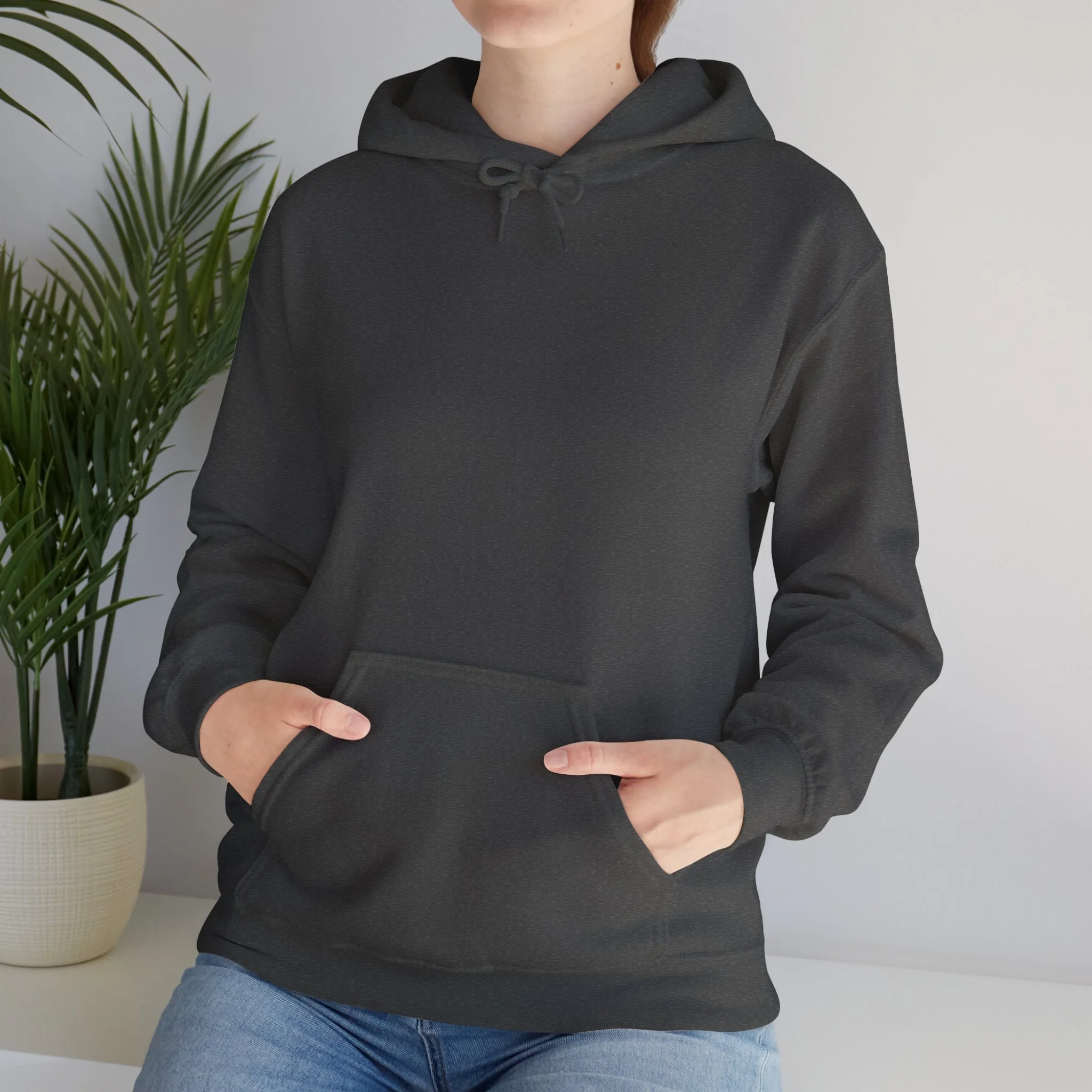 Front view of dark grey hoodie with kangaroo pocket from Western Australia nature inspired apparel collection.