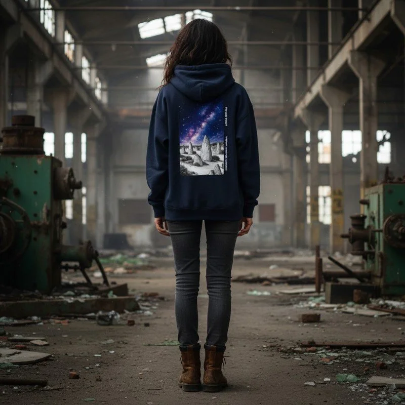 Person wearing navy hoodie with Pinnacles Desert and Milky Way illustration inspired by Western Australia.