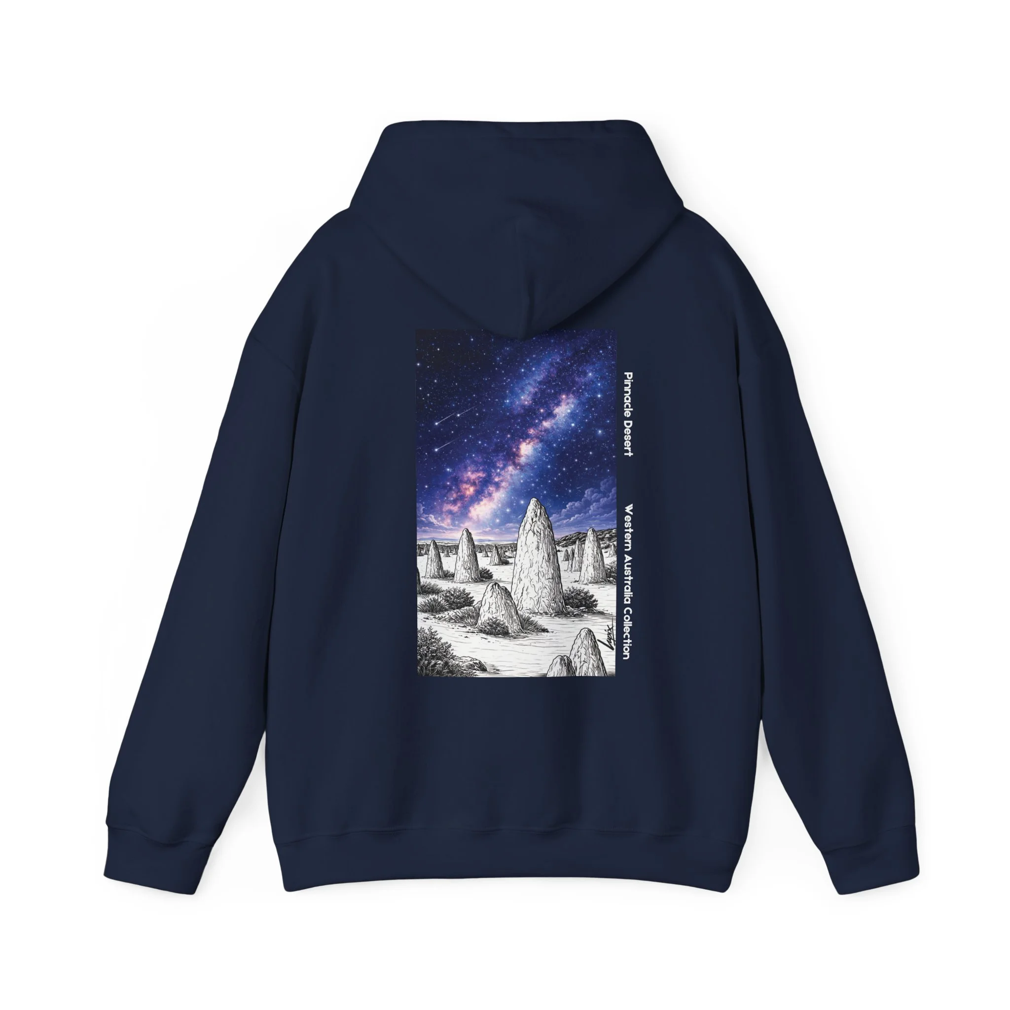 Navy hoodie featuring Pinnacles Desert night sky design inspired by Western Australia landscape.
