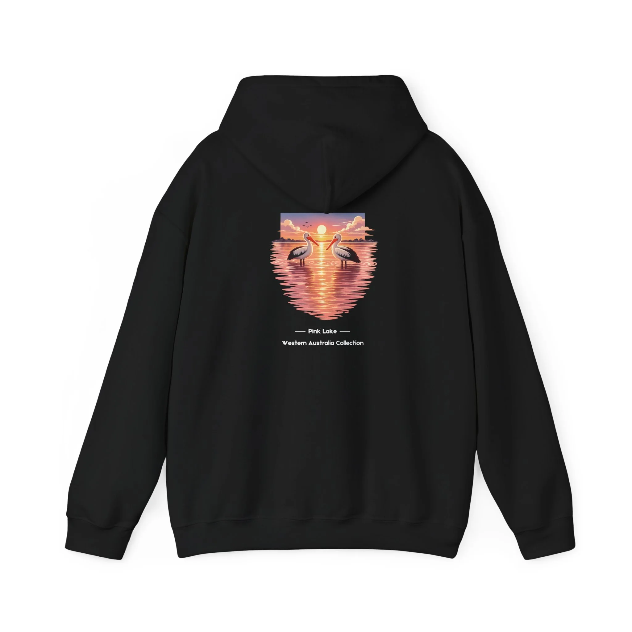 Black hoodie featuring pink lake and pelicans illustration inspired by Western Australia landscape.