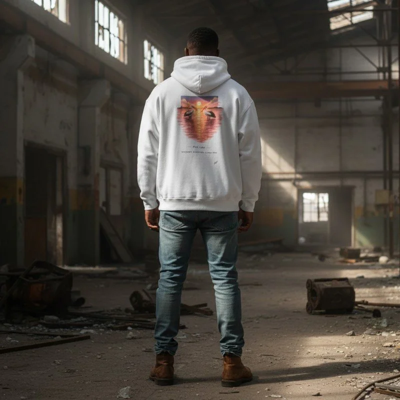 Person wearing white hoodie with pink lake and pelicans sunset design inspired by Western Australia.