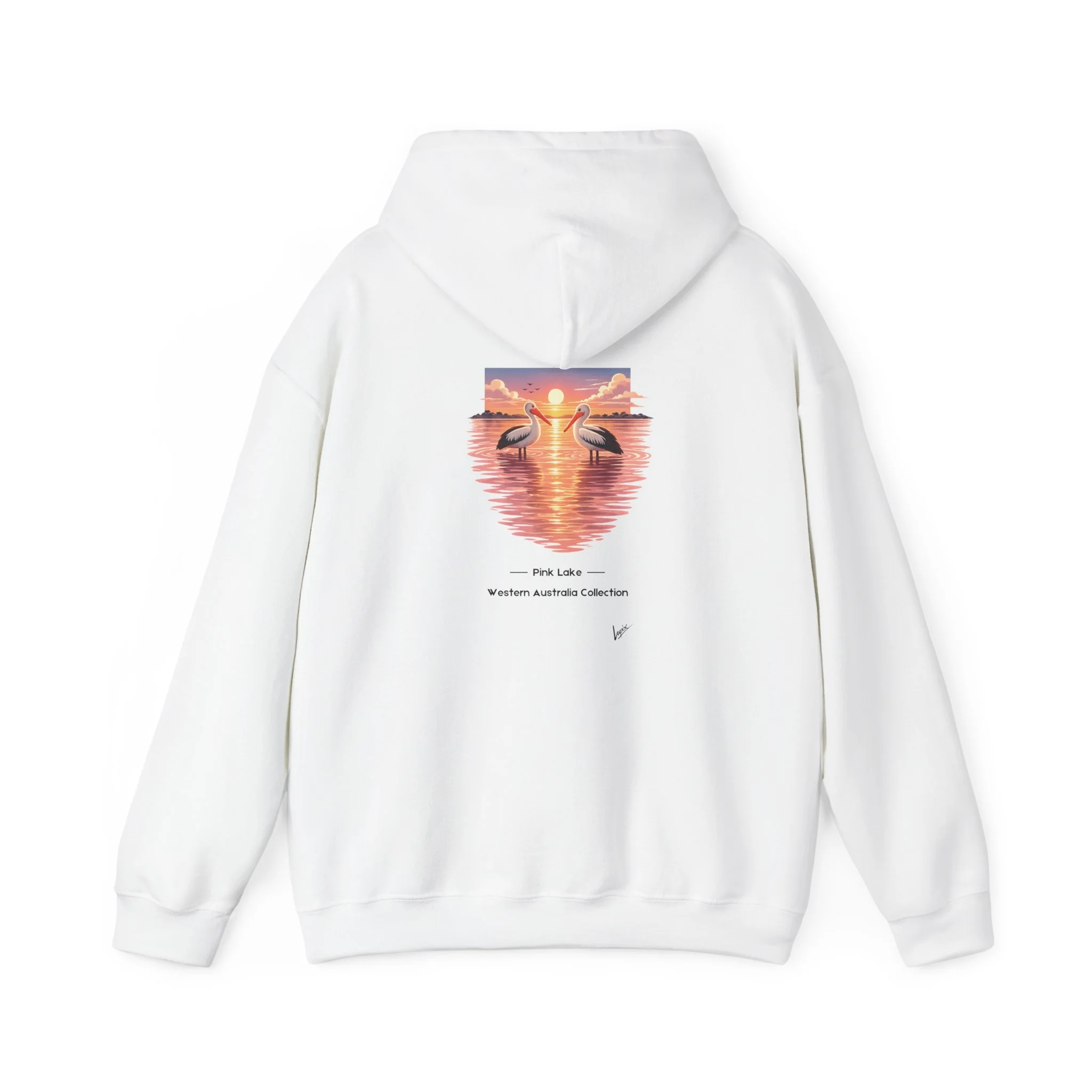 White hoodie featuring pink lake and pelicans illustration inspired by Western Australia landscape.