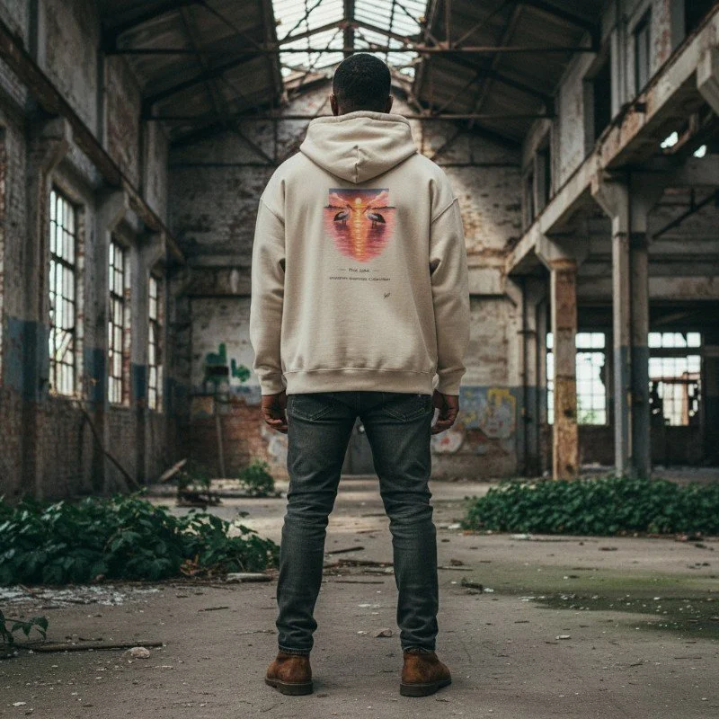 Person wearing sand hoodie with pink lake and pelicans sunset design inspired by Western Australia.