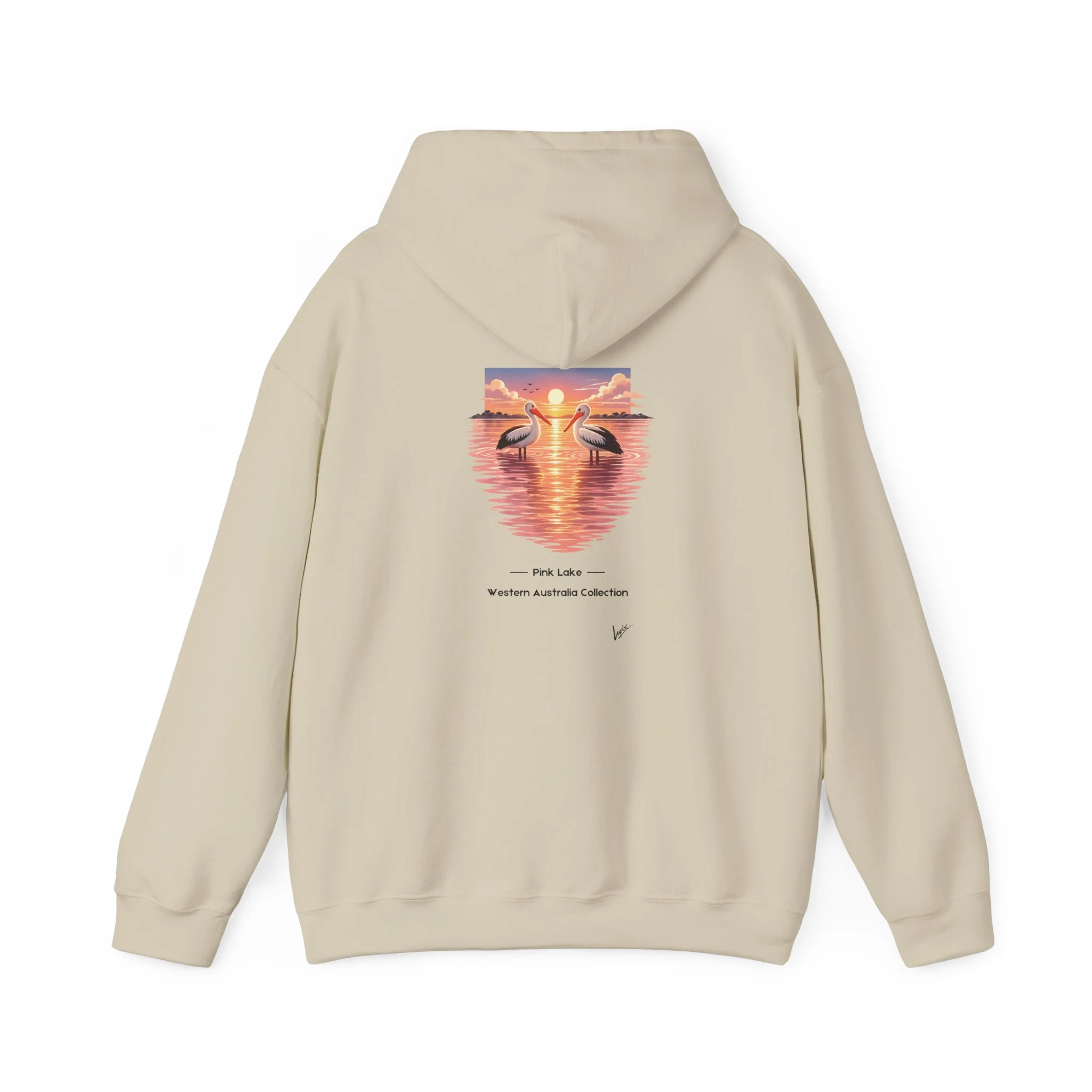 Sand hoodie featuring pink lake and pelicans illustration inspired by Western Australia landscape.