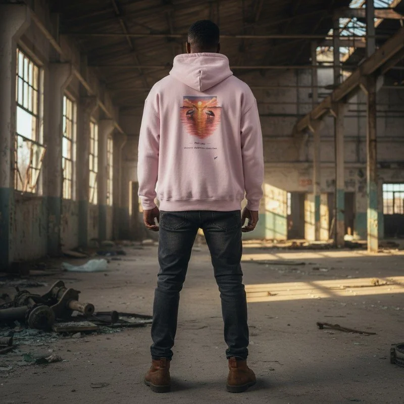Person wearing light pink hoodie with pink lake and pelicans sunset design inspired by Western Australia.