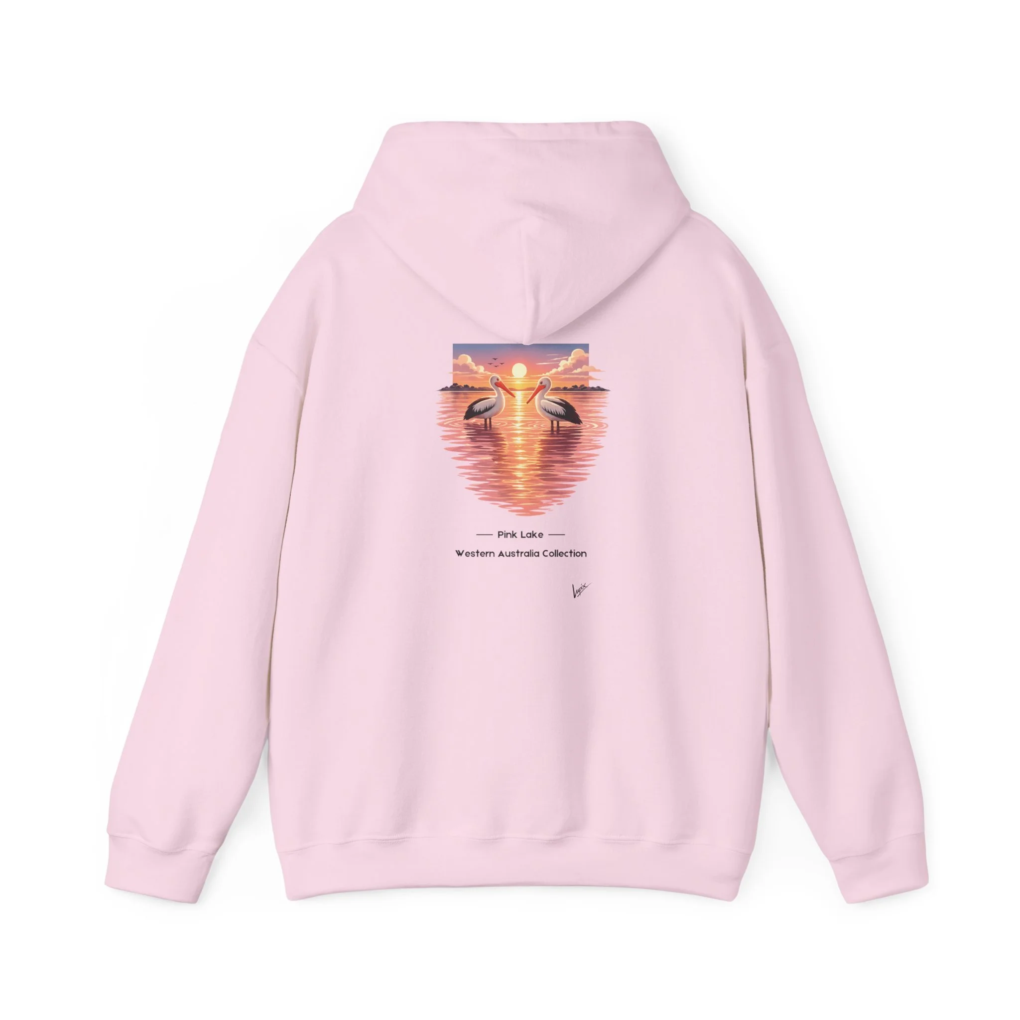 Light pink hoodie featuring pink lake and pelicans illustration inspired by Western Australia landscape.