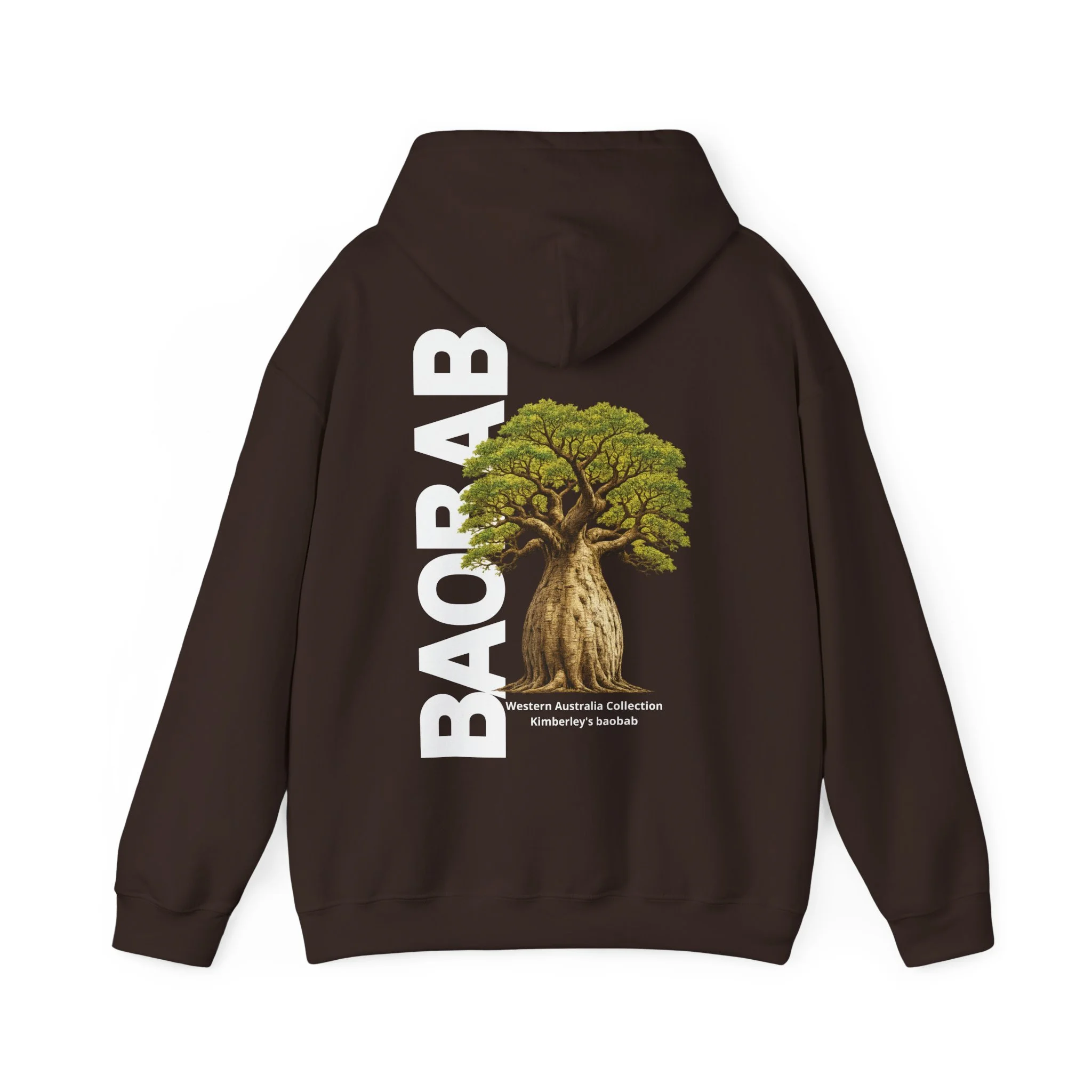 Brown hoodie featuring Kimberley baobab tree illustration inspired by Western Australia landscape.