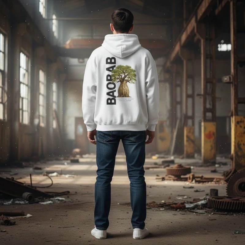 Person wearing white hoodie with Kimberley baobab tree design inspired by Western Australia nature.