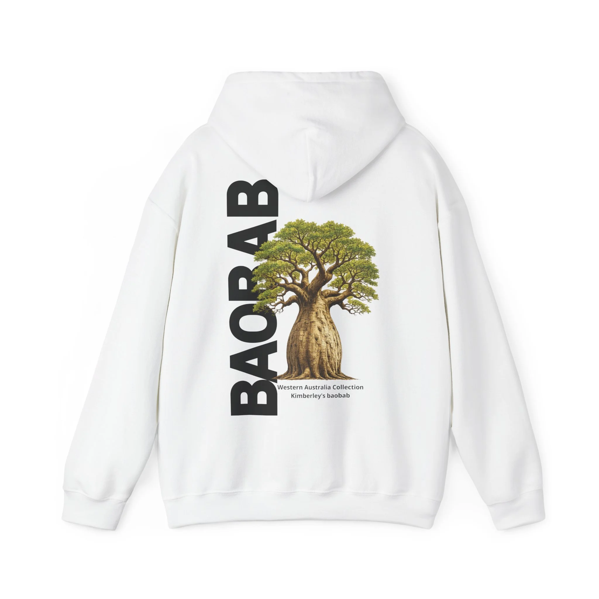 White hoodie featuring Kimberley baobab tree illustration inspired by Western Australia landscape.