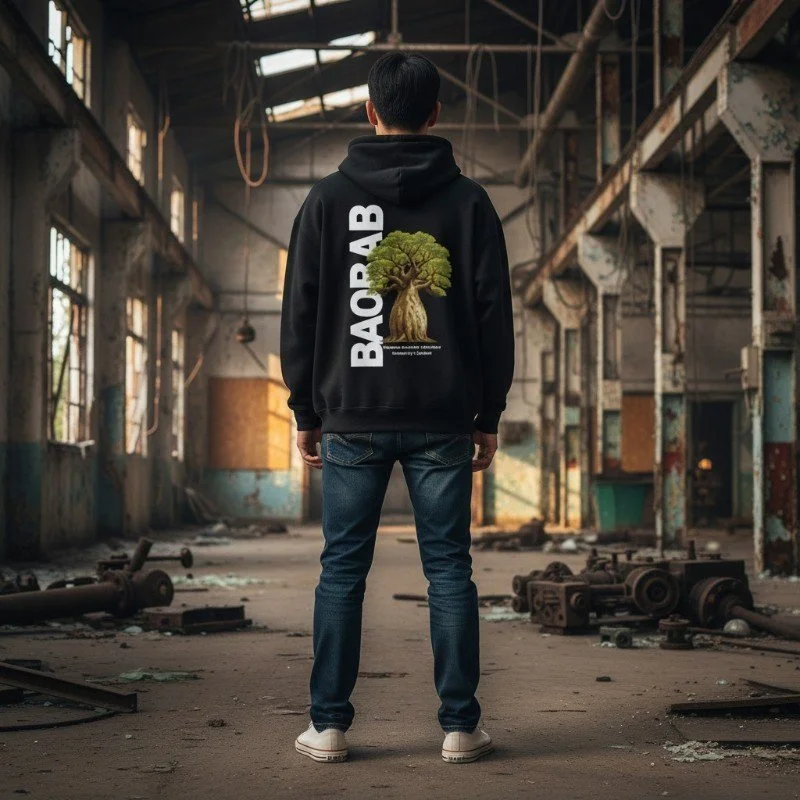 Person wearing black hoodie with Kimberley baobab tree design inspired by Western Australia nature.