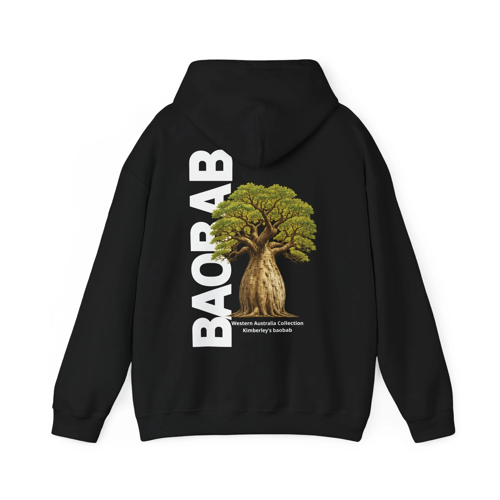 Black hoodie featuring Kimberley baobab tree illustration inspired by Western Australia landscape.